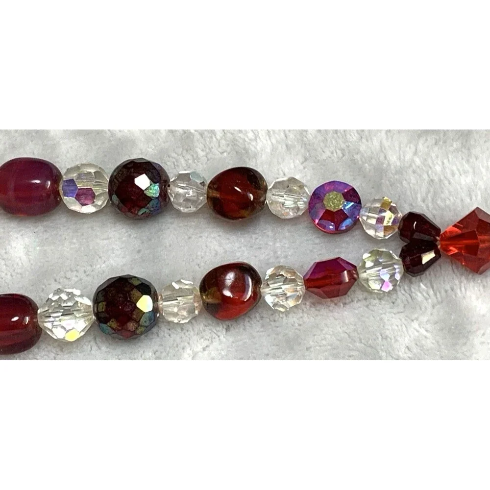Vintage Red Crystal Beaded Y Drop Necklace Aurora Borealis Mid Century 60s - Picture 5 of 9